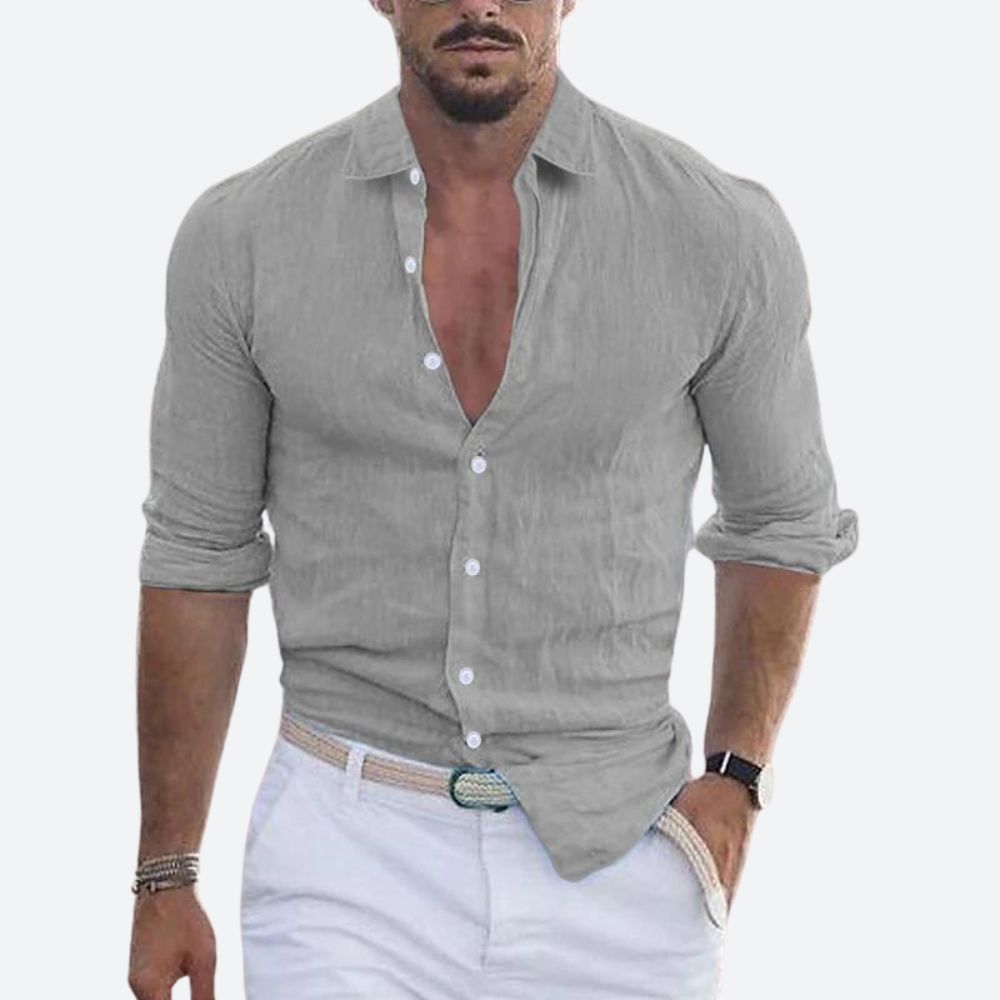 Men's Slim Fit Open Collar Linen Shirt Summer Style - 6