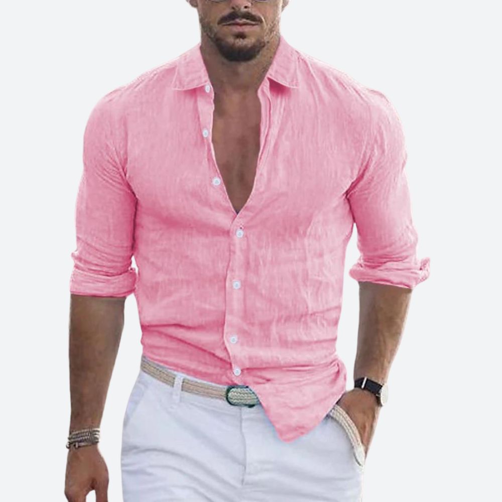 Men's Slim Fit Open Collar Linen Shirt Summer Style - 7
