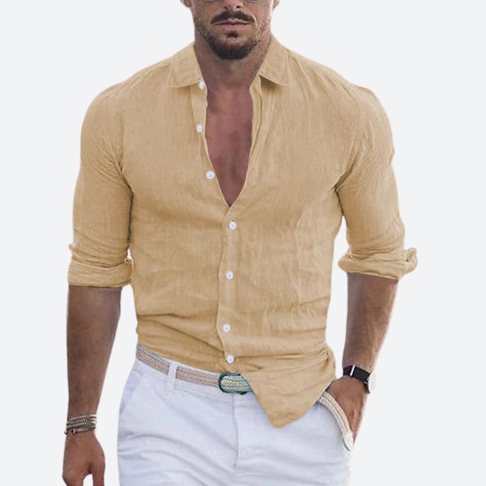 Men's Slim Fit Open Collar Linen Shirt Summer Style - 8