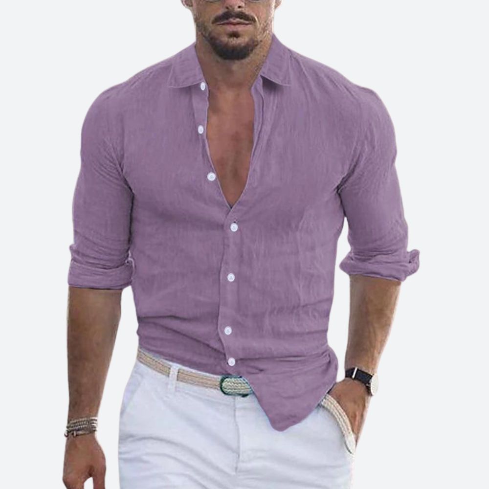 Men's Slim Fit Open Collar Linen Shirt Summer Style - 9