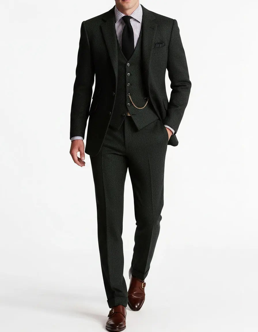 Men's Slim Fit Three-Piece Tweed Suit Classic Tailored
