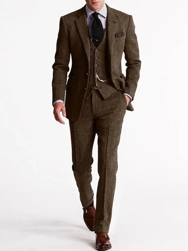 Men's Slim Fit Three-Piece Tweed Suit Classic Tailored