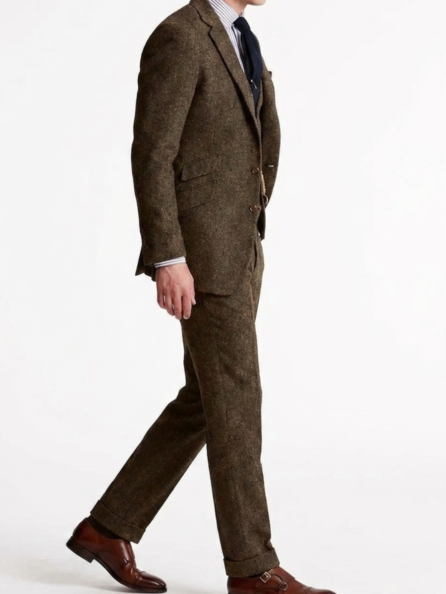 Men's Slim Fit Three-Piece Tweed Suit Classic Tailored