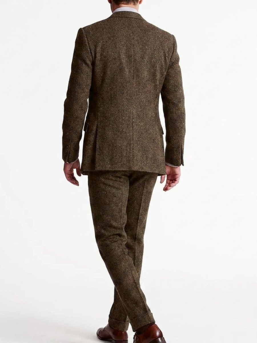 Men's Slim Fit Three-Piece Tweed Suit Classic Tailored