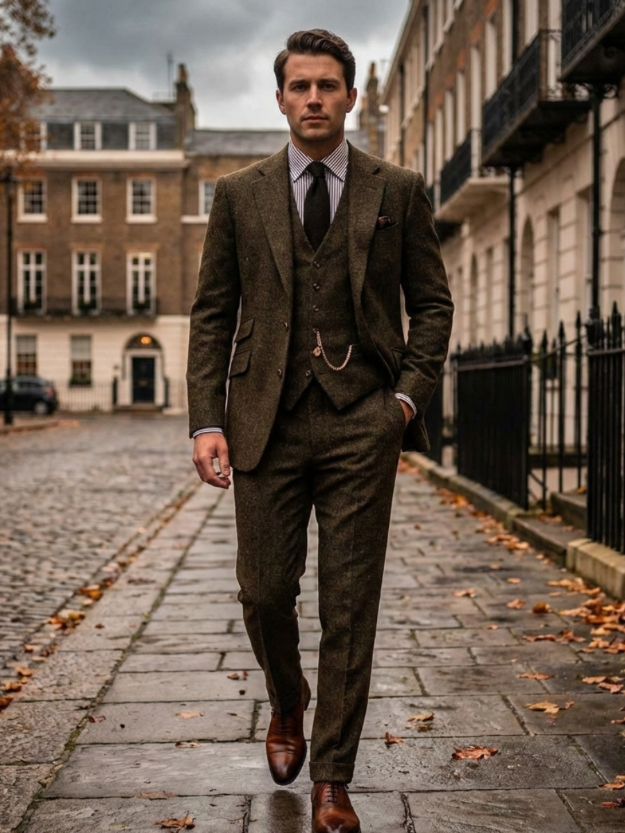 Men's Slim Fit Three-Piece Tweed Suit Classic Tailored