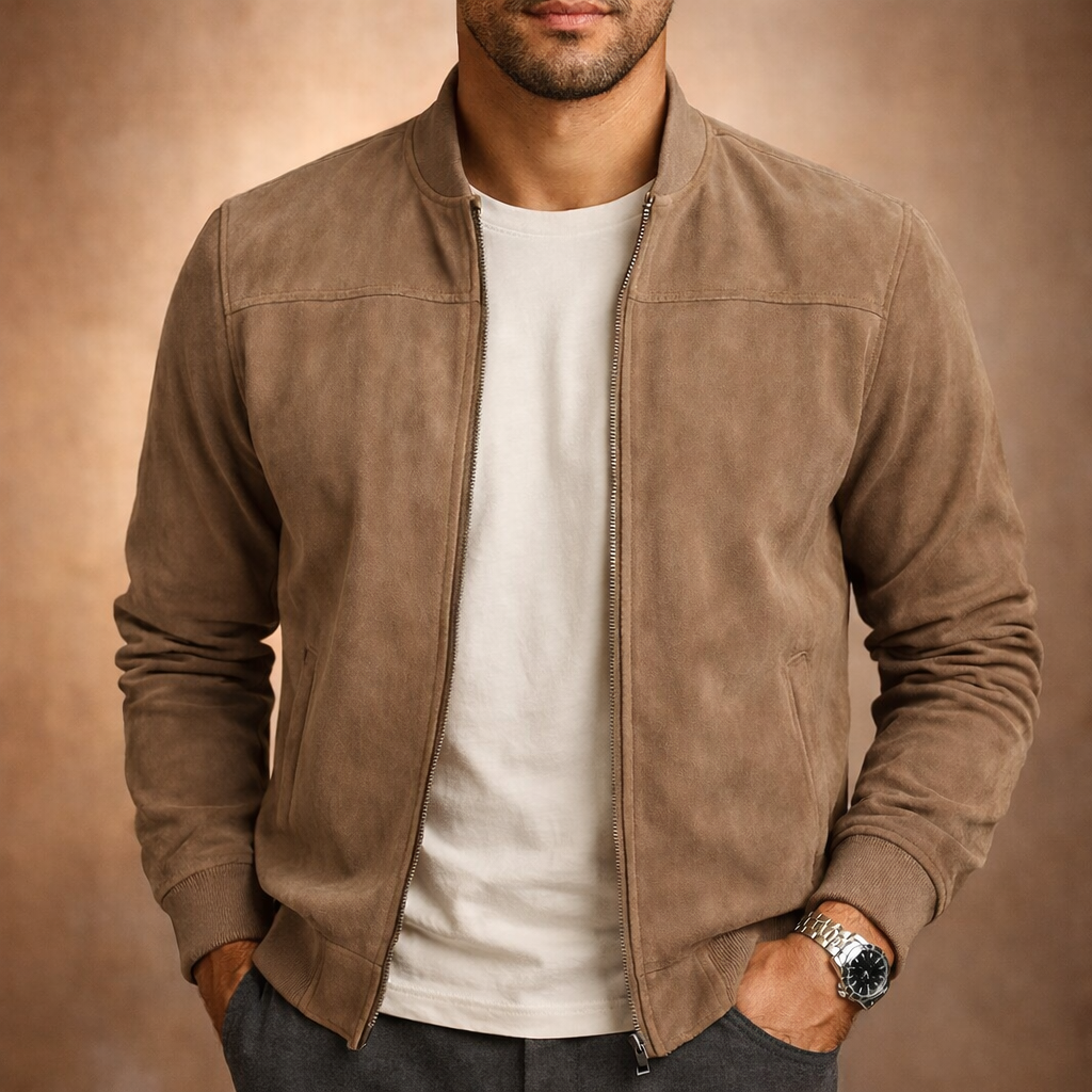 Men's Suede Bomber Jacket Lightweight Smart Casual Outerwear