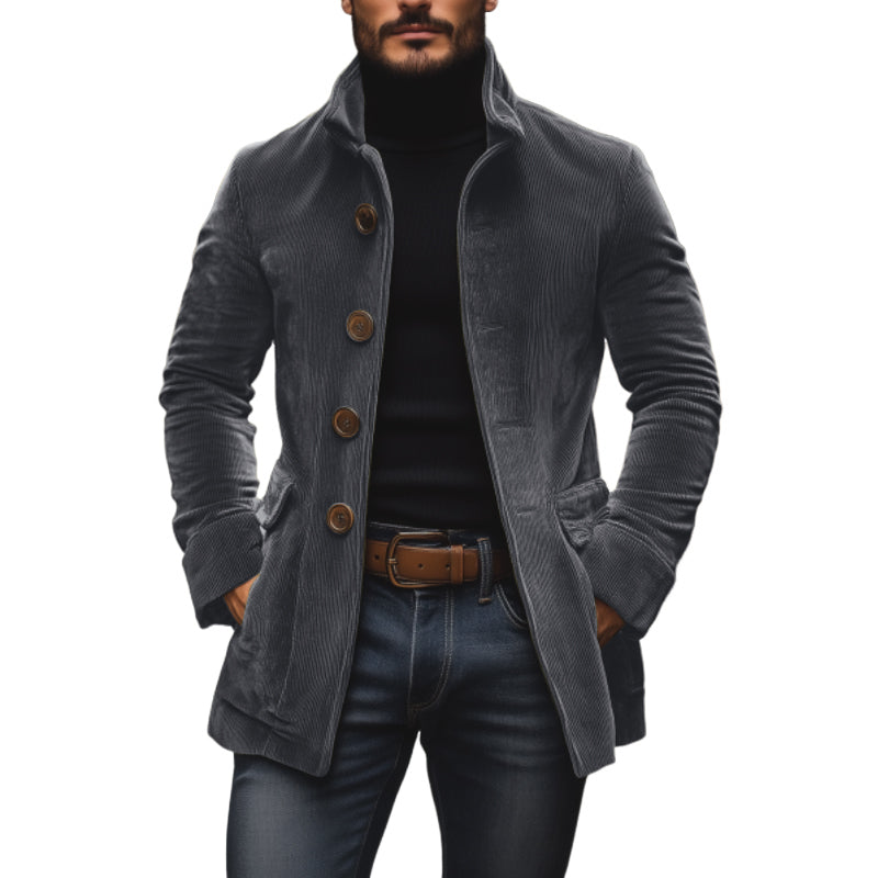 Men's Vintage Corduroy Coat Stand Collar Single Button Slim Fit