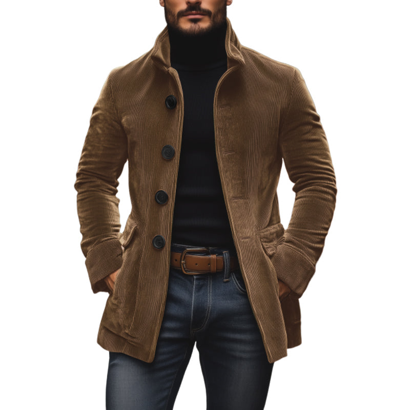 Men's Vintage Corduroy Coat Stand Collar Single Button Slim Fit