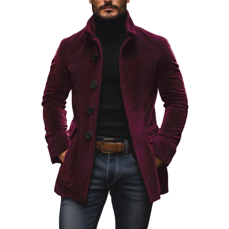 Men's Vintage Corduroy Coat Stand Collar Single Button Slim Fit