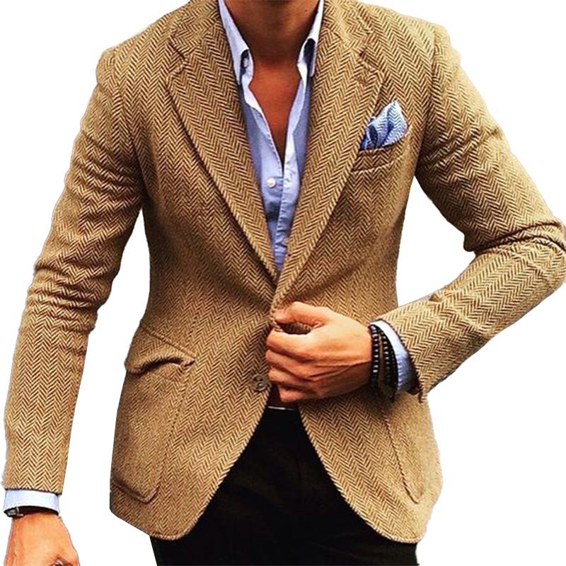 Men's Vintage Herringbone Wool Blend Blazer Smart Casual Jacket