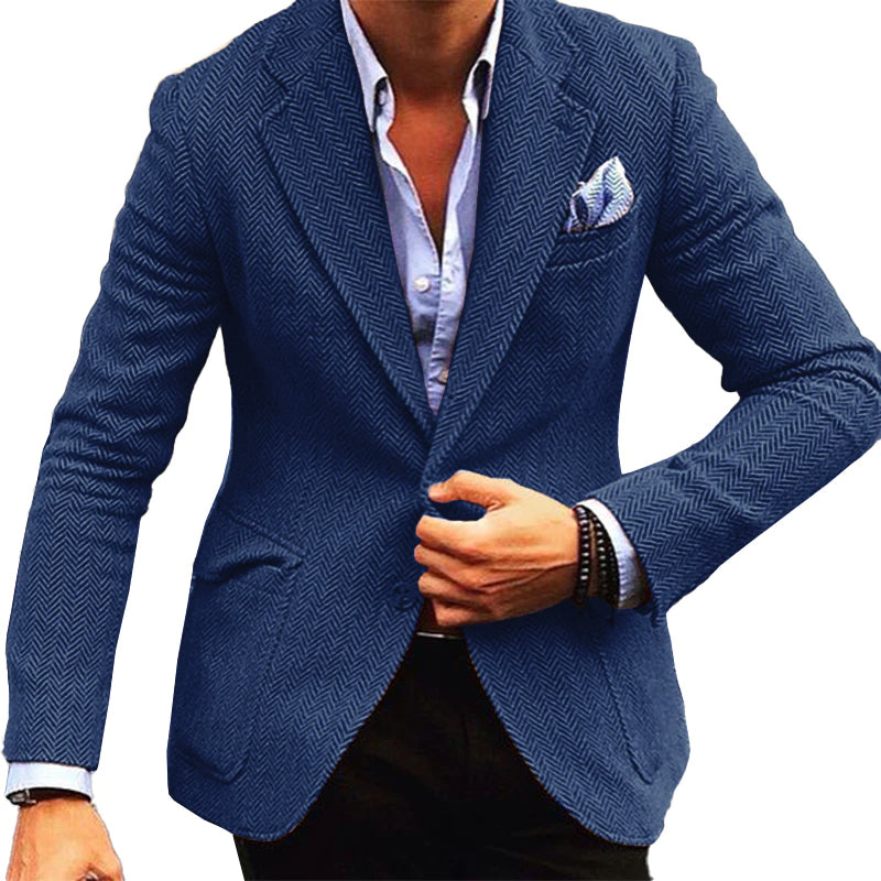 Men's Vintage Herringbone Wool Blend Blazer Smart Casual Jacket