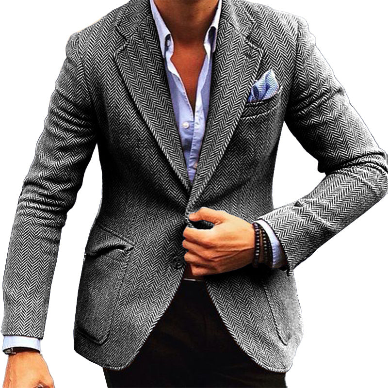 Men's Vintage Herringbone Wool Blend Blazer Smart Casual Jacket