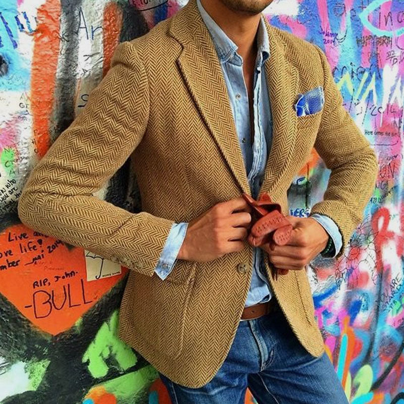 Men's Vintage Herringbone Wool Blend Blazer Smart Casual Jacket