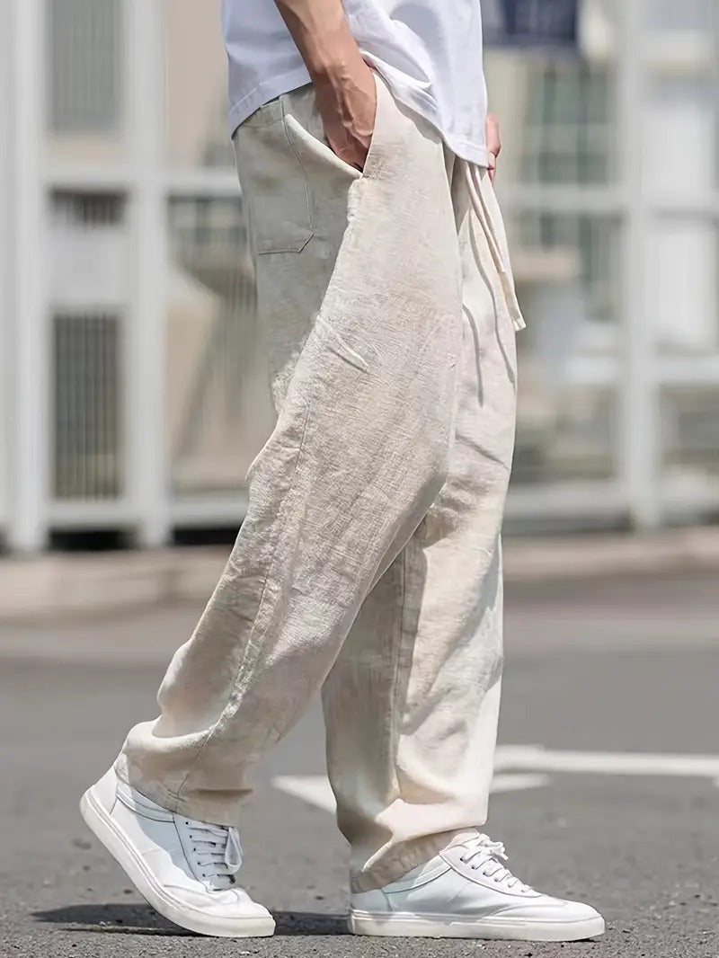 Men's Wide Fit Linen Pants Elastic Waist Side Pockets