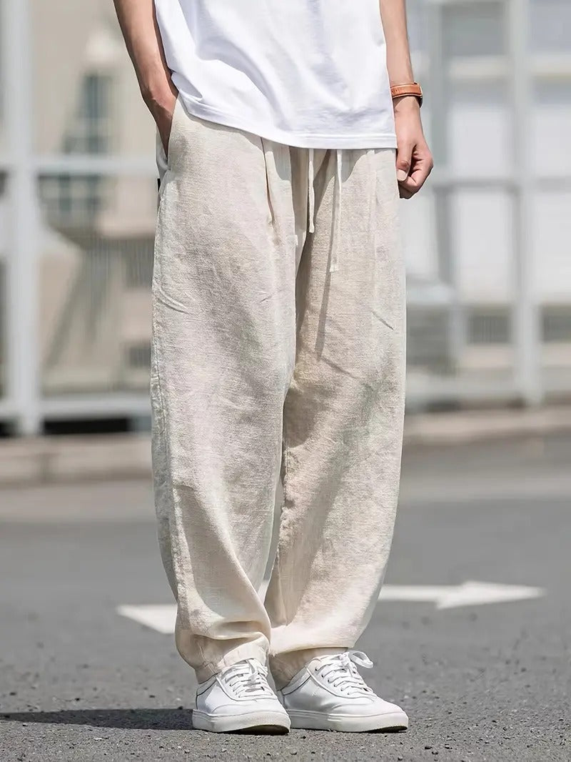 Men's Wide Fit Linen Pants Elastic Waist Side Pockets
