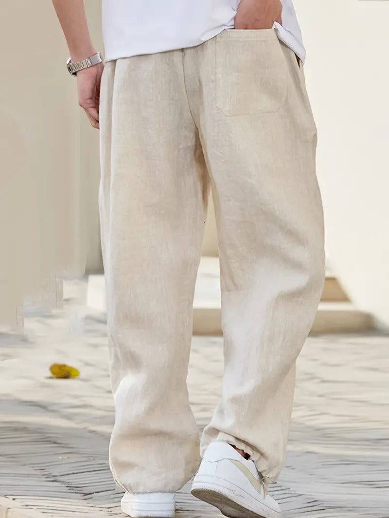 Men's Wide Fit Linen Pants Elastic Waist Side Pockets