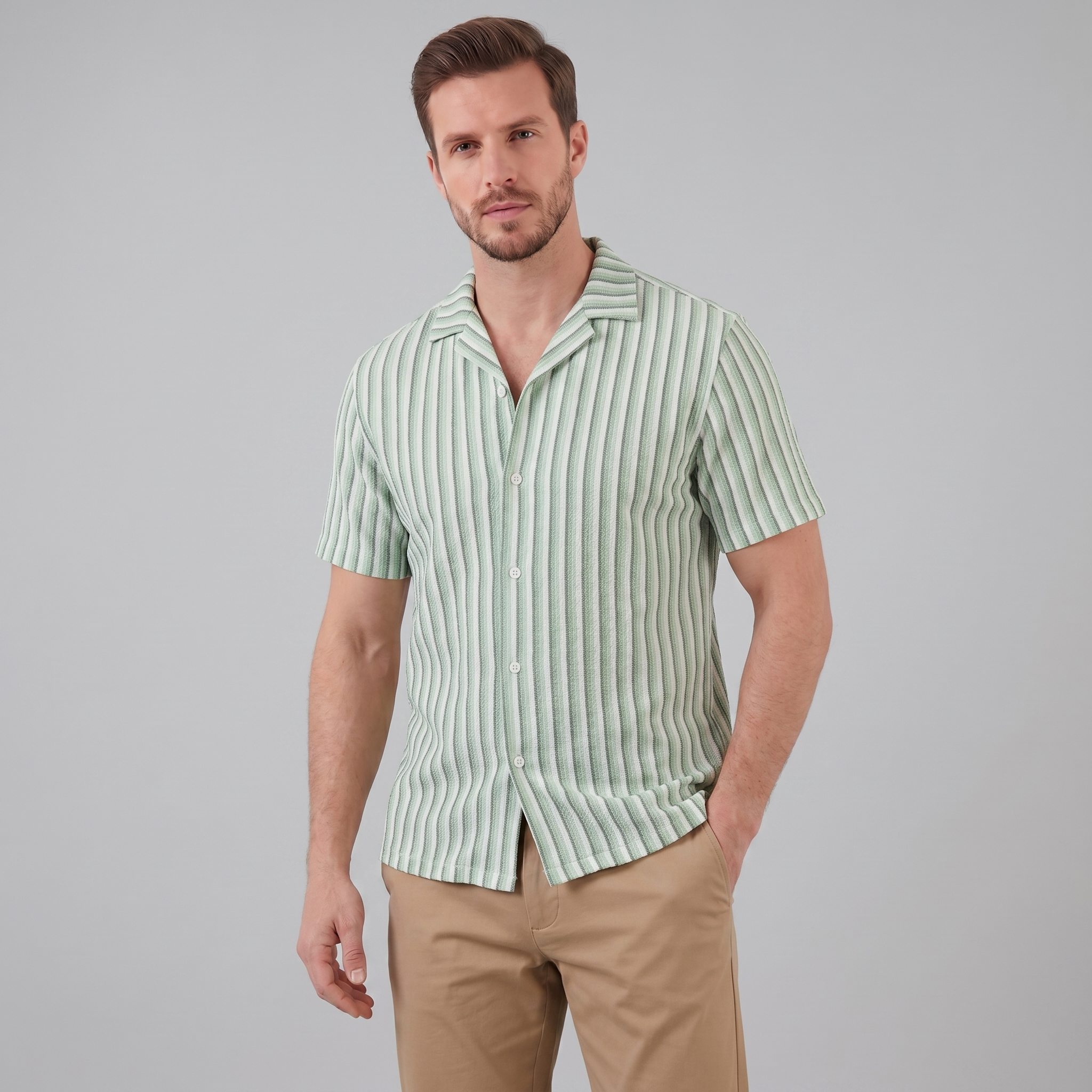 Men's Vertical Stripe Resort Shirt Camp Collar Relaxed Casual Summer