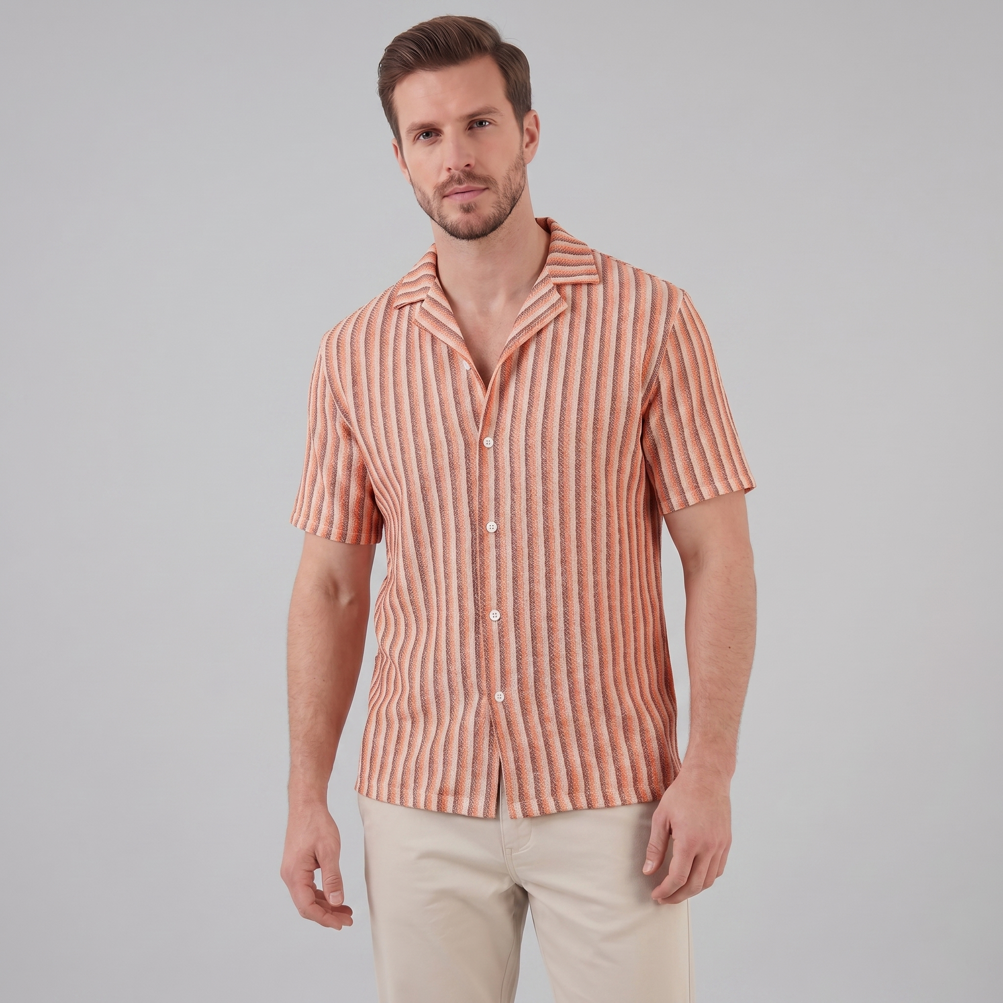Men's Vertical Stripe Resort Shirt Camp Collar Relaxed Casual Summer