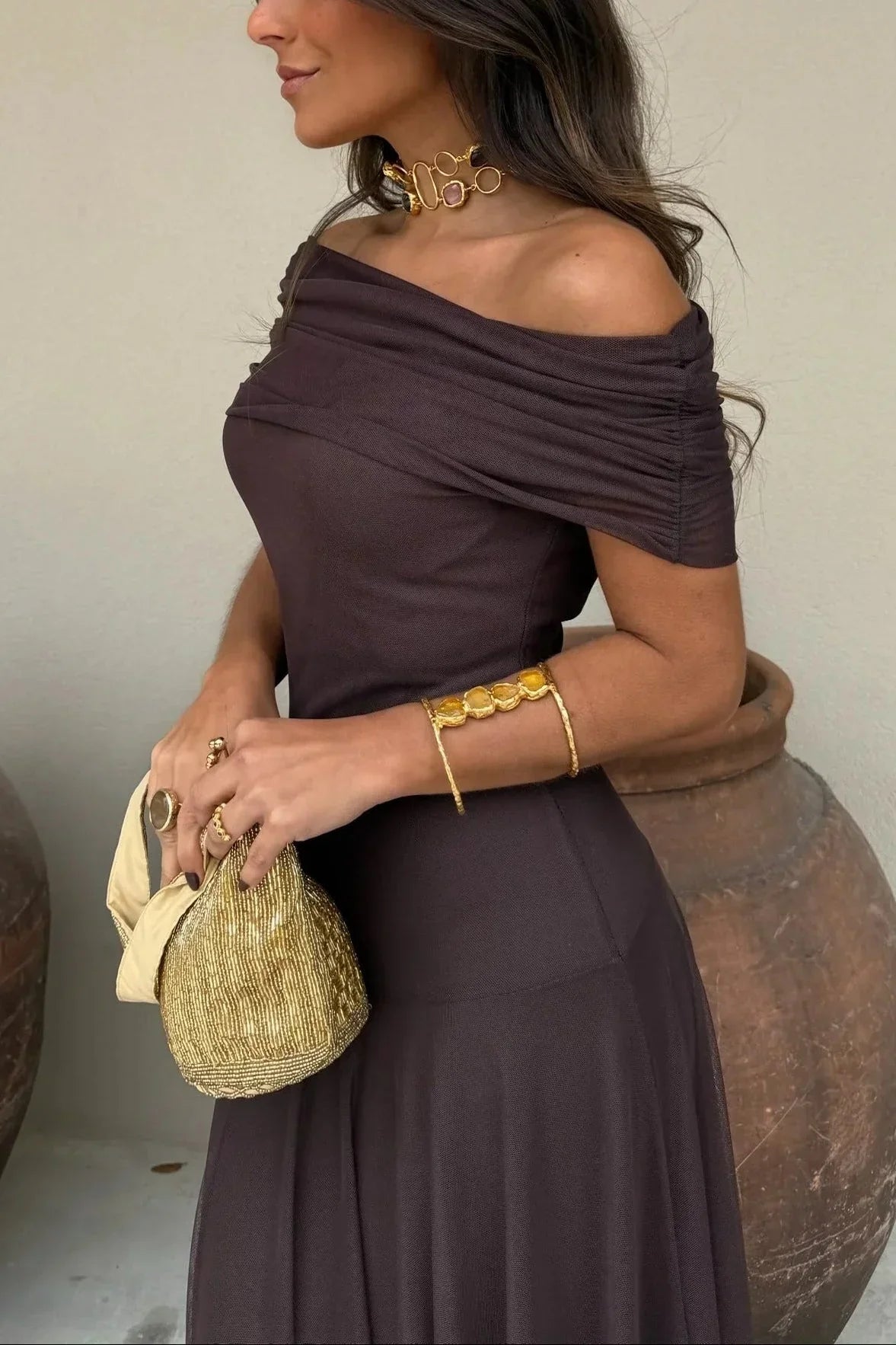 Women's Fluid Summer Dress Lightweight Breathable Flattering Shoulder