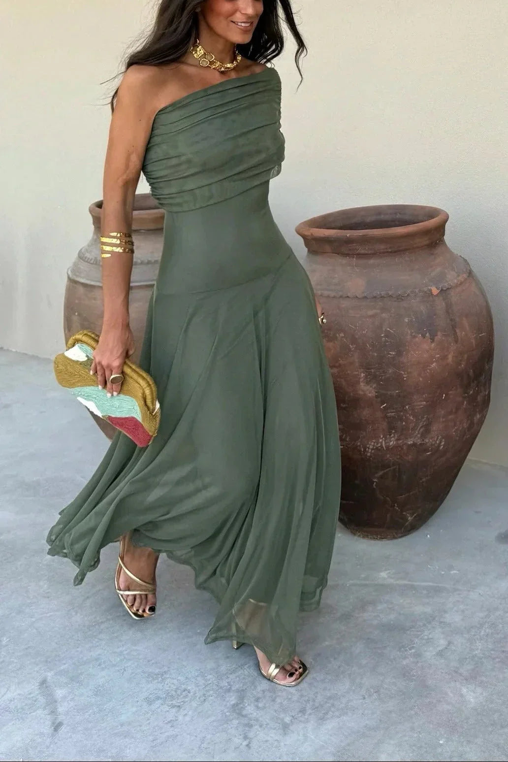 Women's Fluid Summer Dress Lightweight Breathable Flattering Shoulder