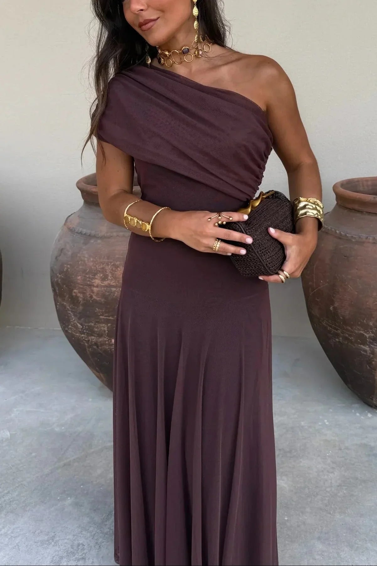 Women's Fluid Summer Dress Lightweight Breathable Flattering Shoulder