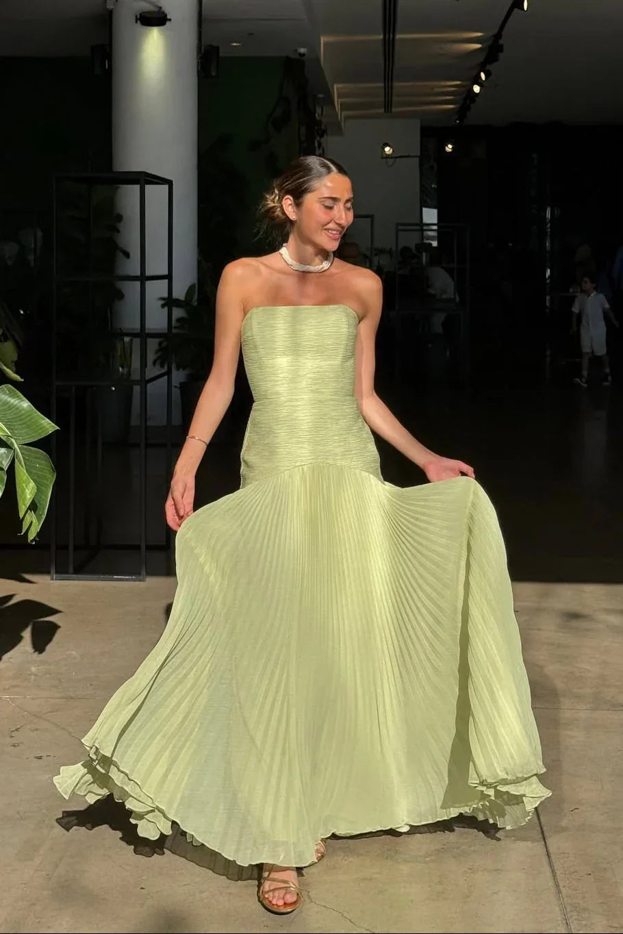 Women's Pleated Maxi Dress Fitted Fluid Formal Wedding