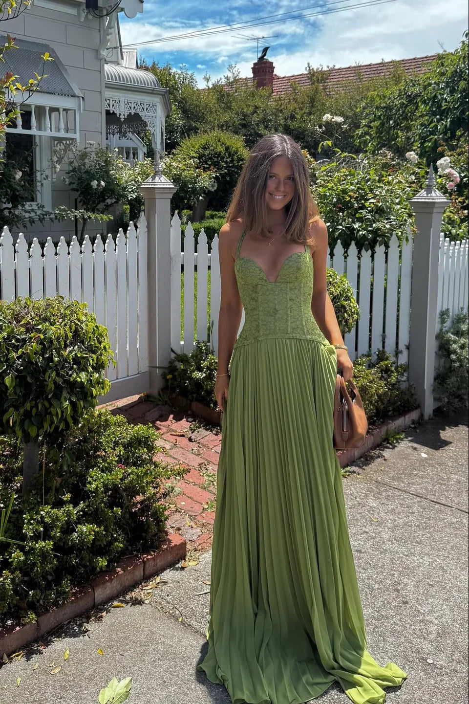 Women's Green Corset Pleated Dress Fitted Bodice Lightweight