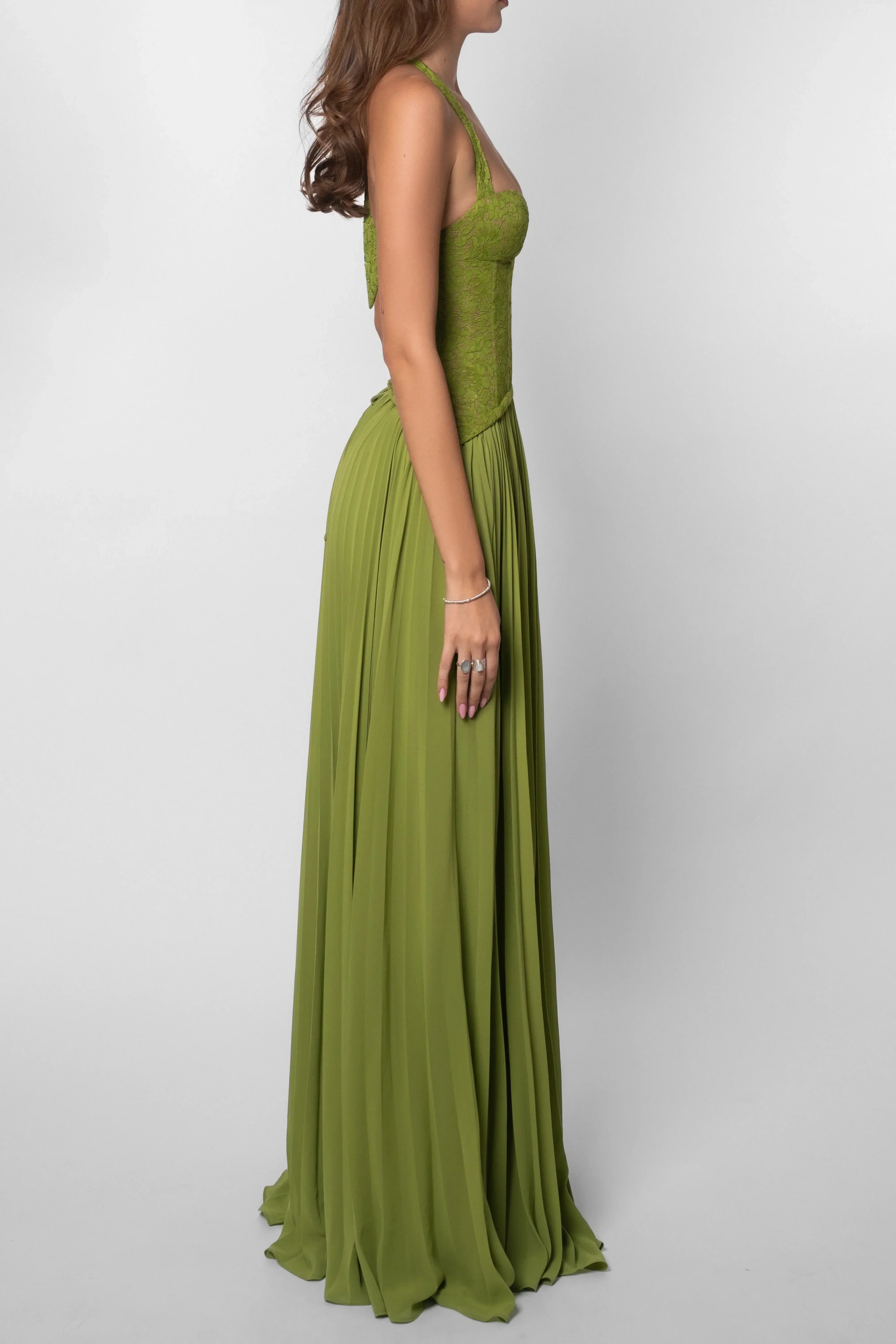 Women's Green Corset Pleated Dress Fitted Bodice Lightweight