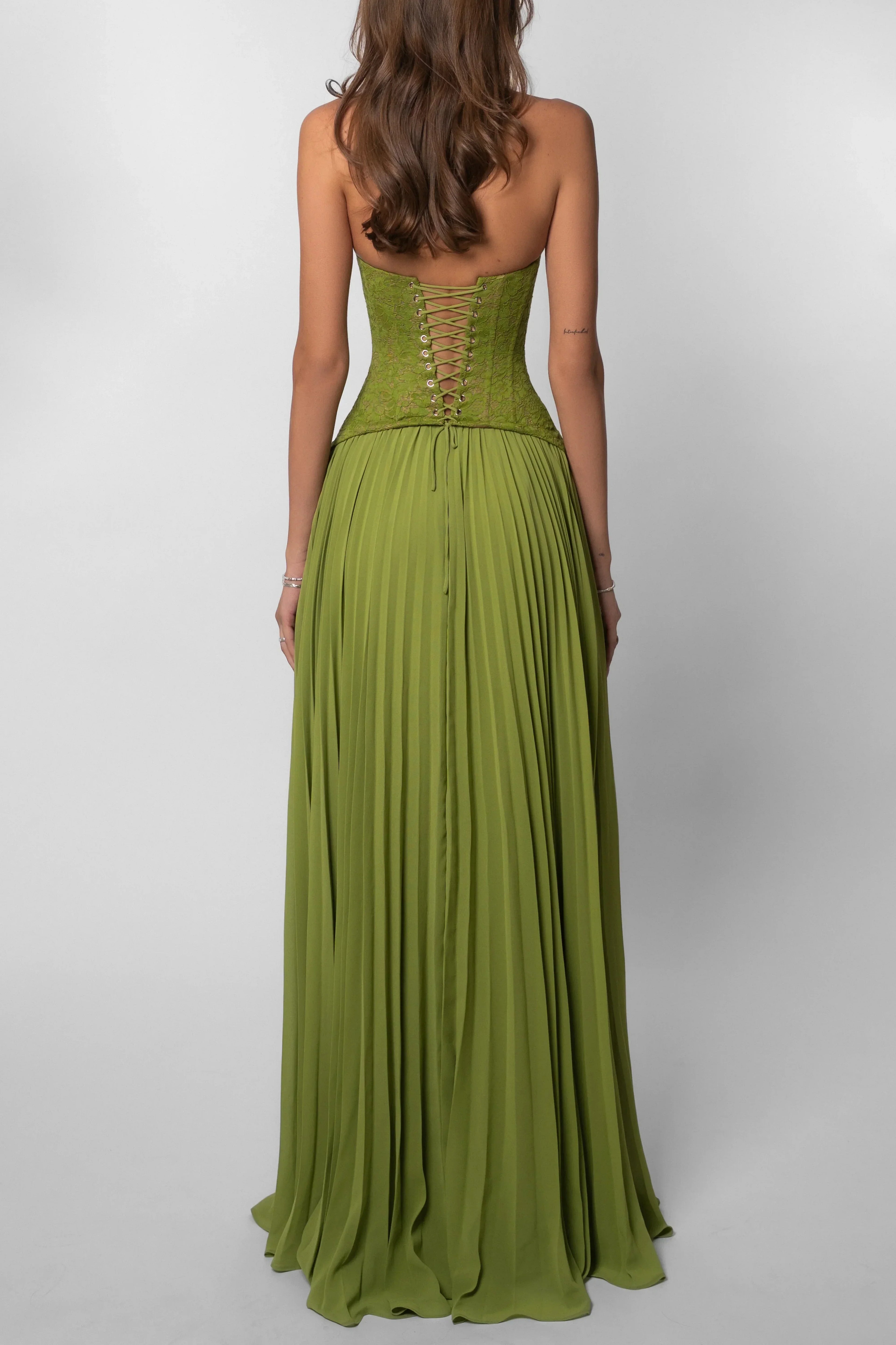 Women's Green Corset Pleated Dress Fitted Bodice Lightweight