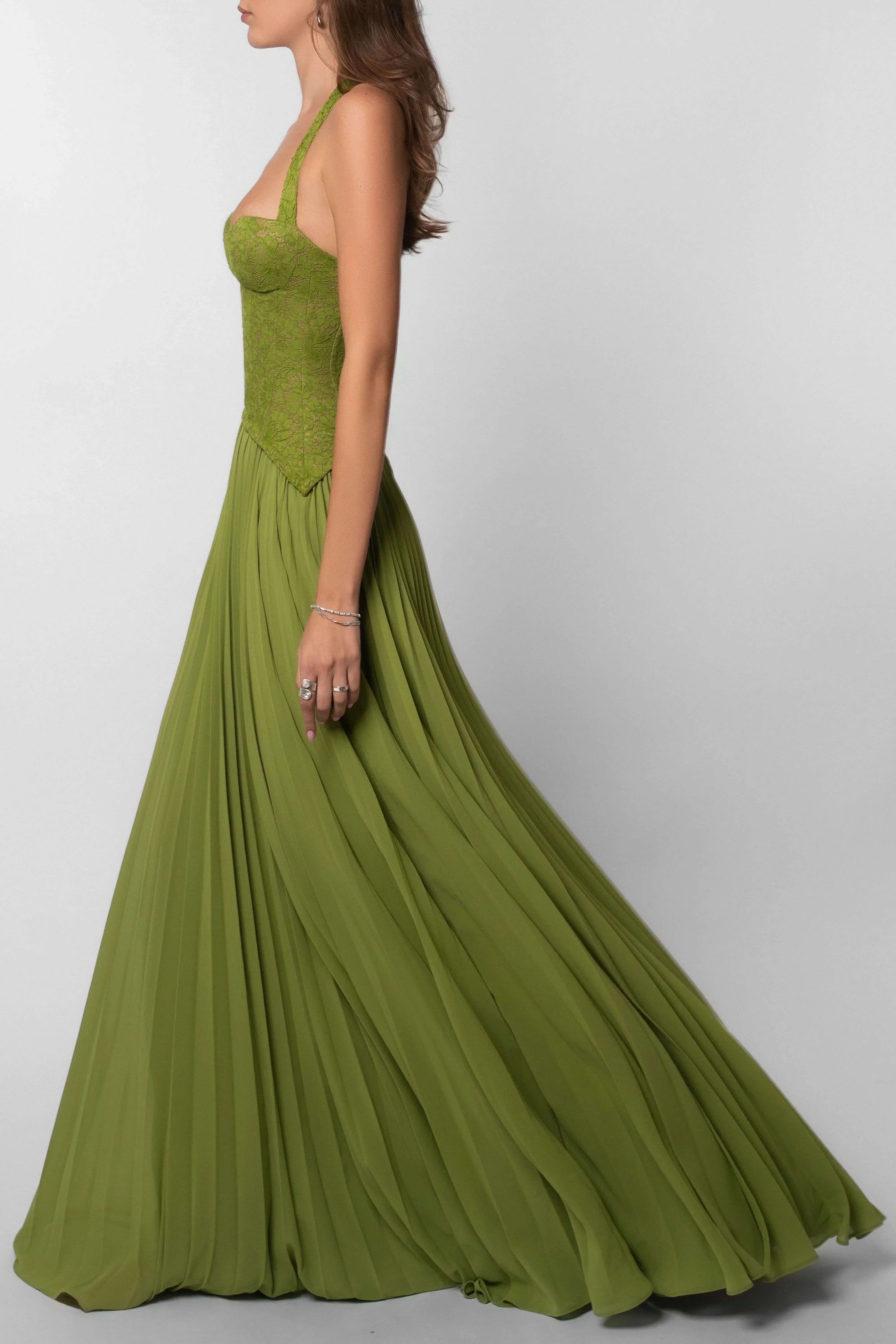 Women's Green Corset Pleated Dress Fitted Bodice Lightweight