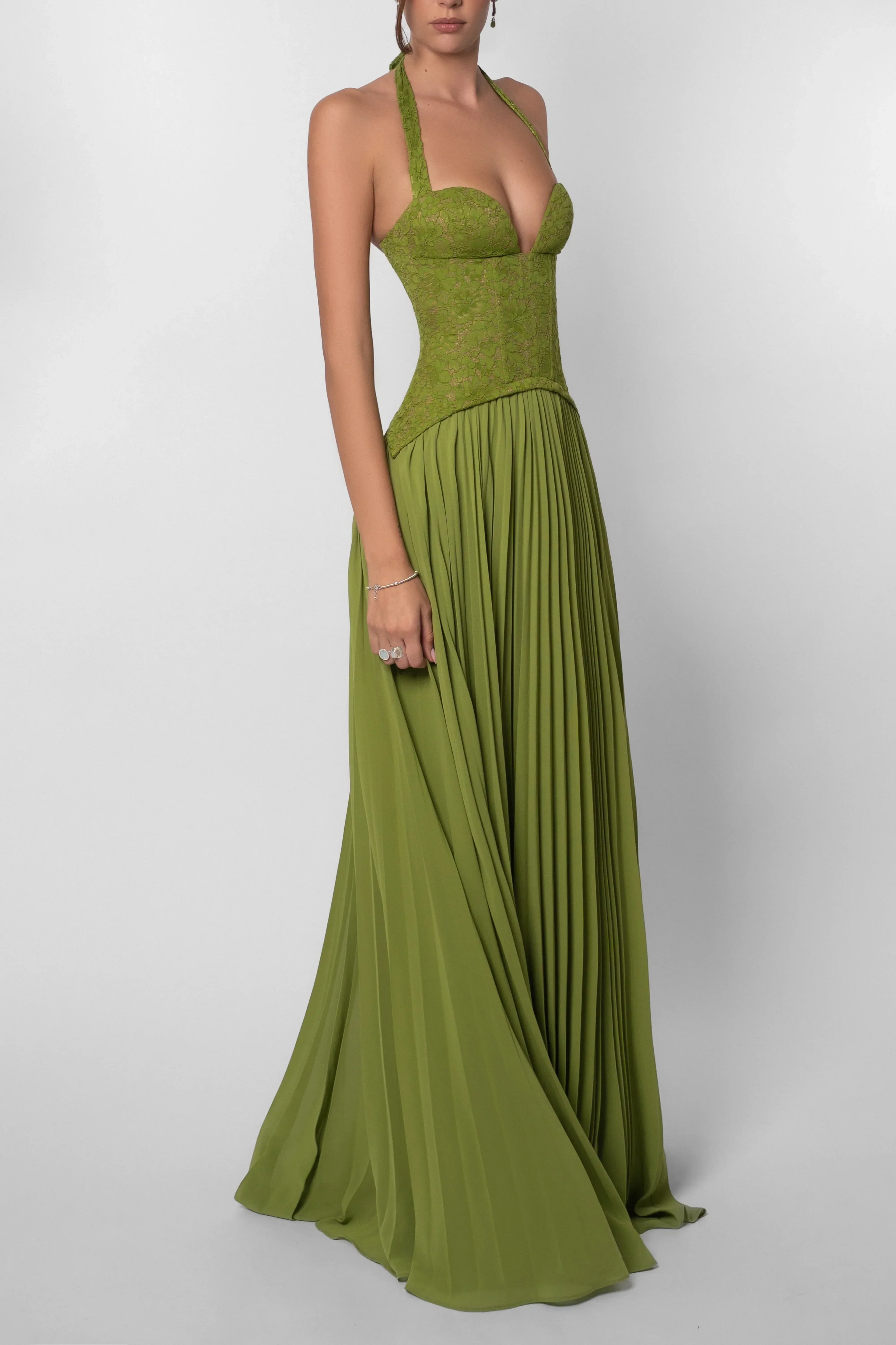 Women's Green Corset Pleated Dress Fitted Bodice Lightweight