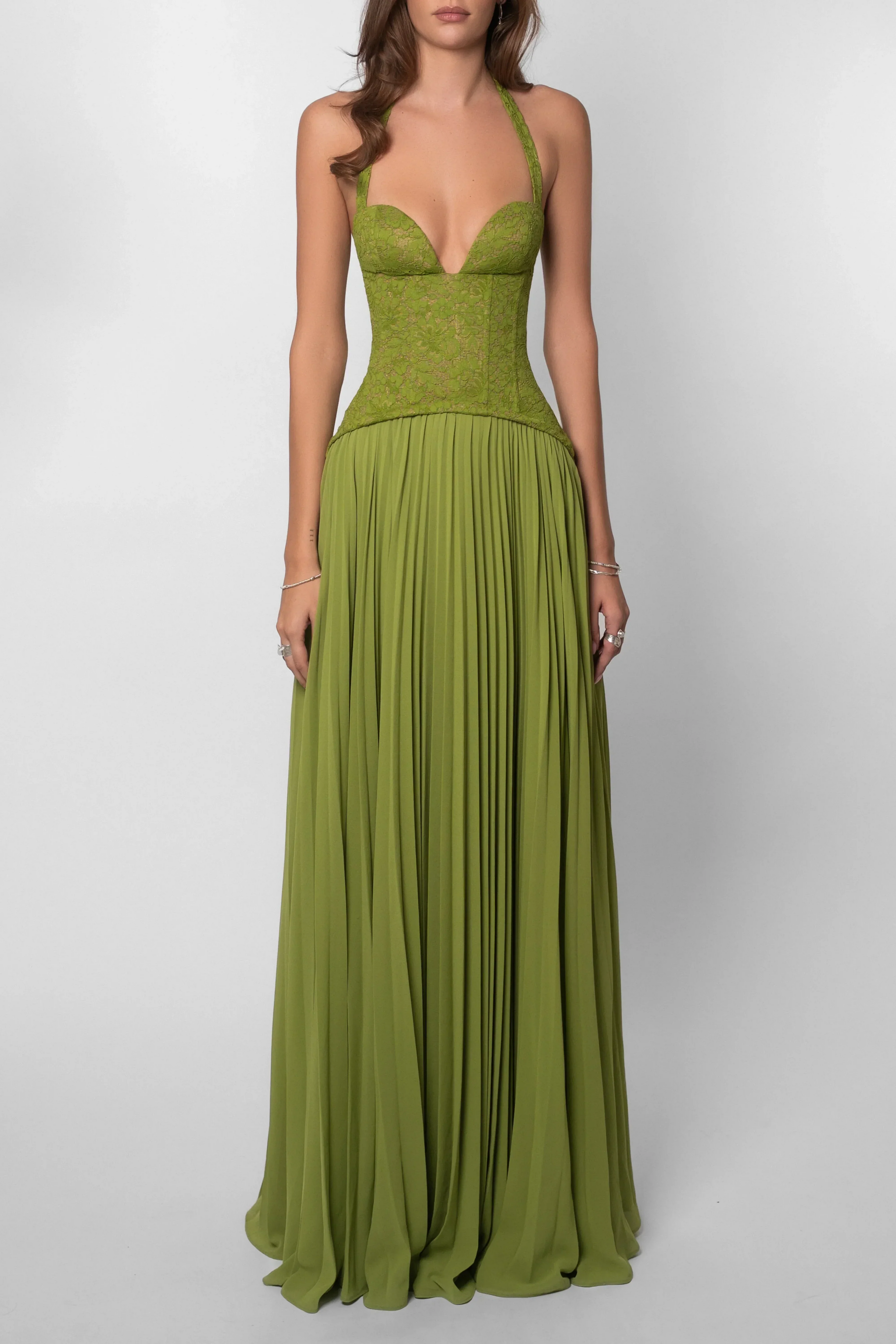 Women's Green Corset Pleated Dress Fitted Bodice Lightweight