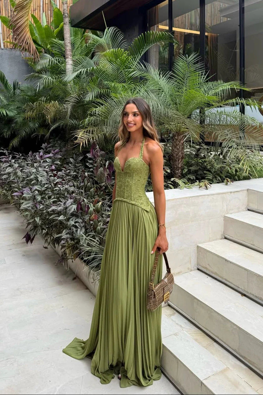 Women's Green Corset Pleated Dress Fitted Bodice Lightweight