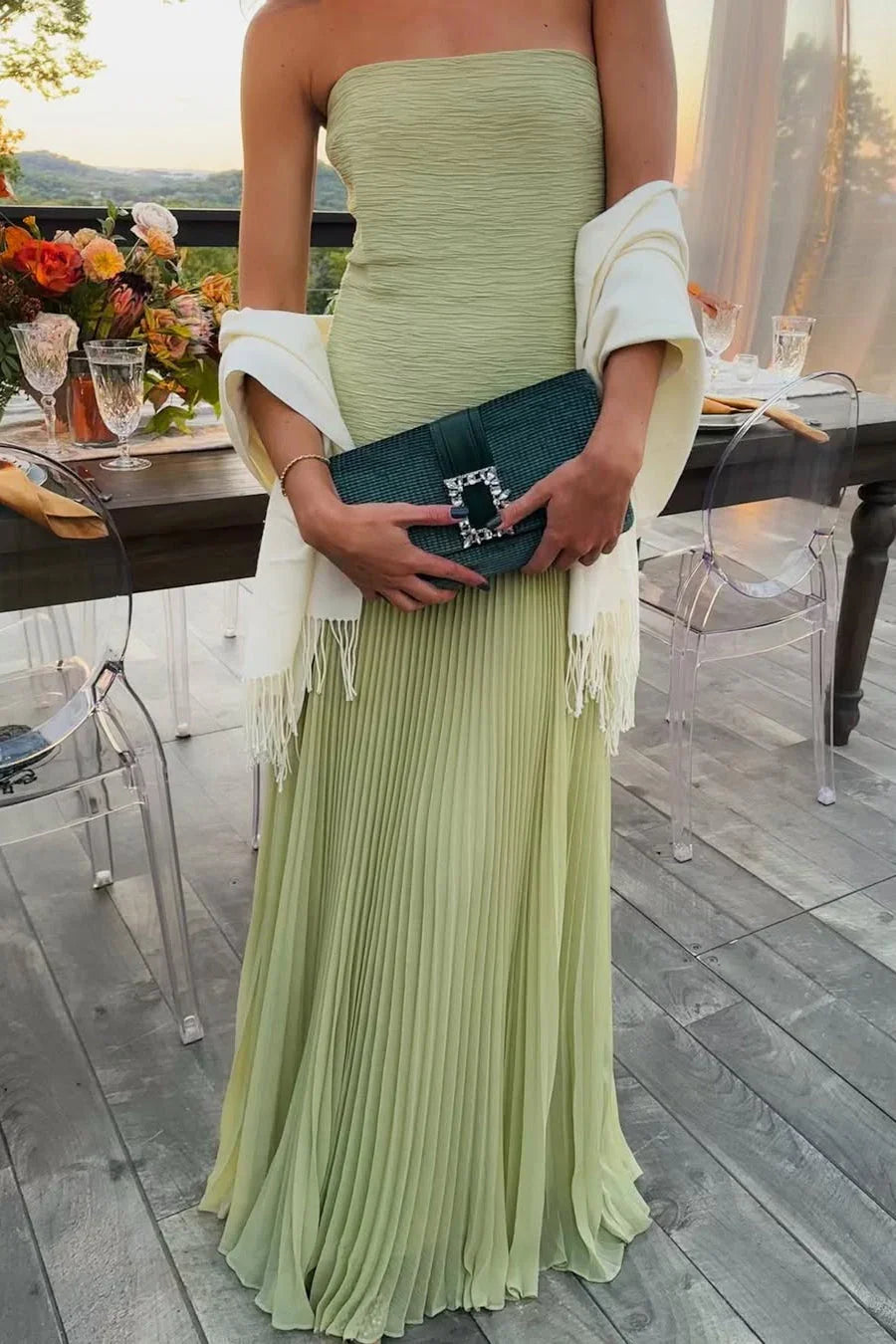 Women's Pleated Maxi Dress Fitted Fluid Formal Wedding