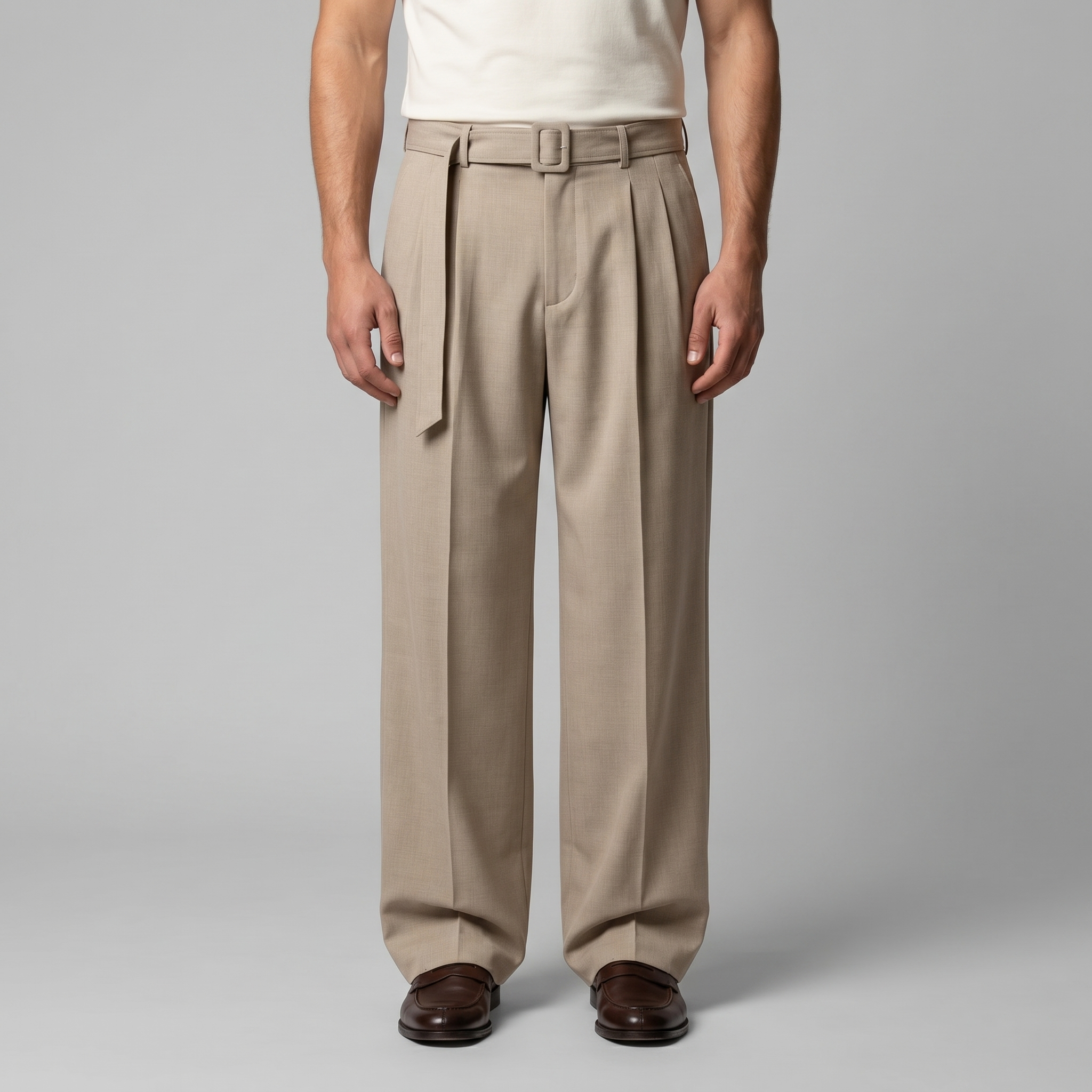 Men's Tailored Wide-Leg Trousers Belted Elastic Waist Smart Casual