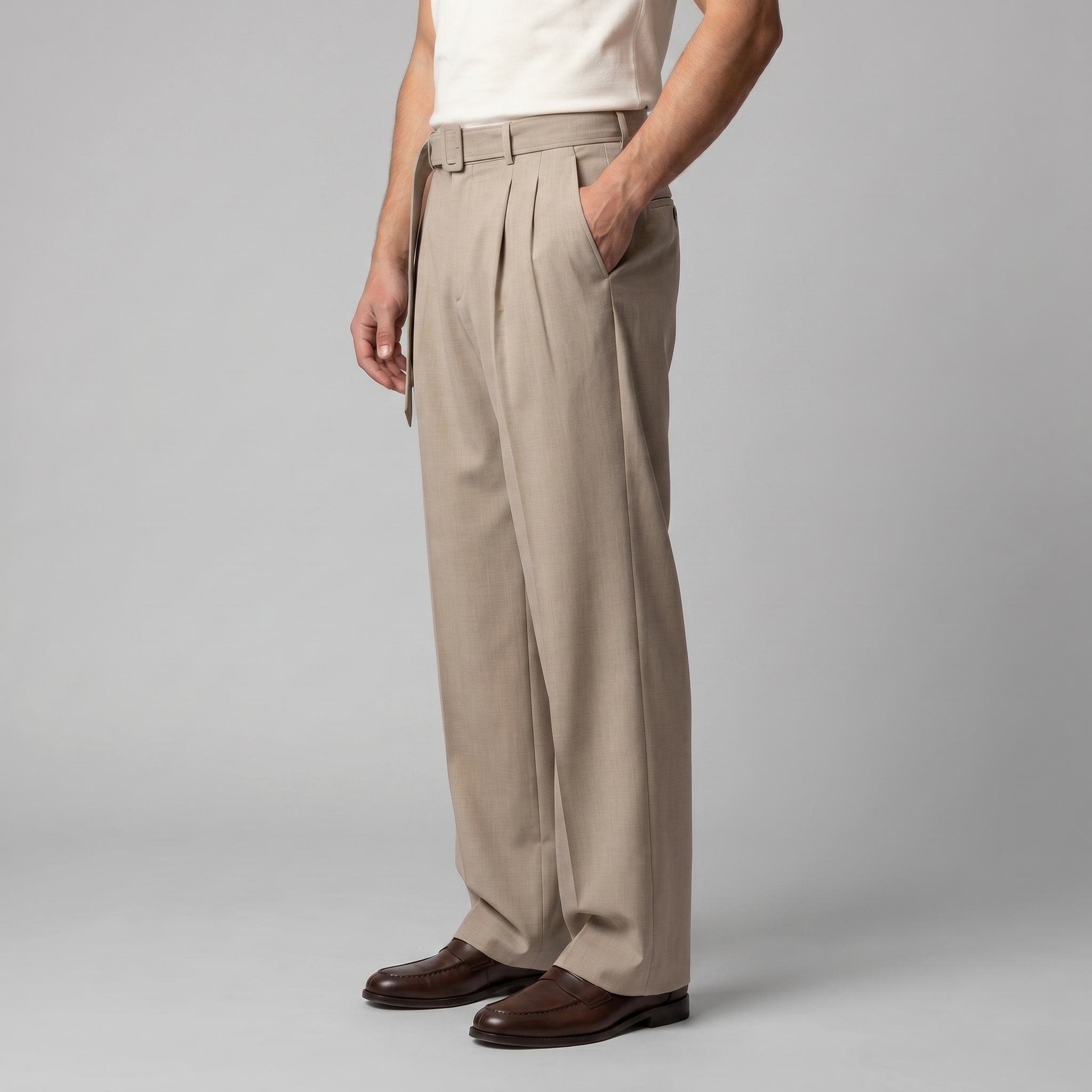 Men's Tailored Wide-Leg Trousers Belted Elastic Waist Smart Casual