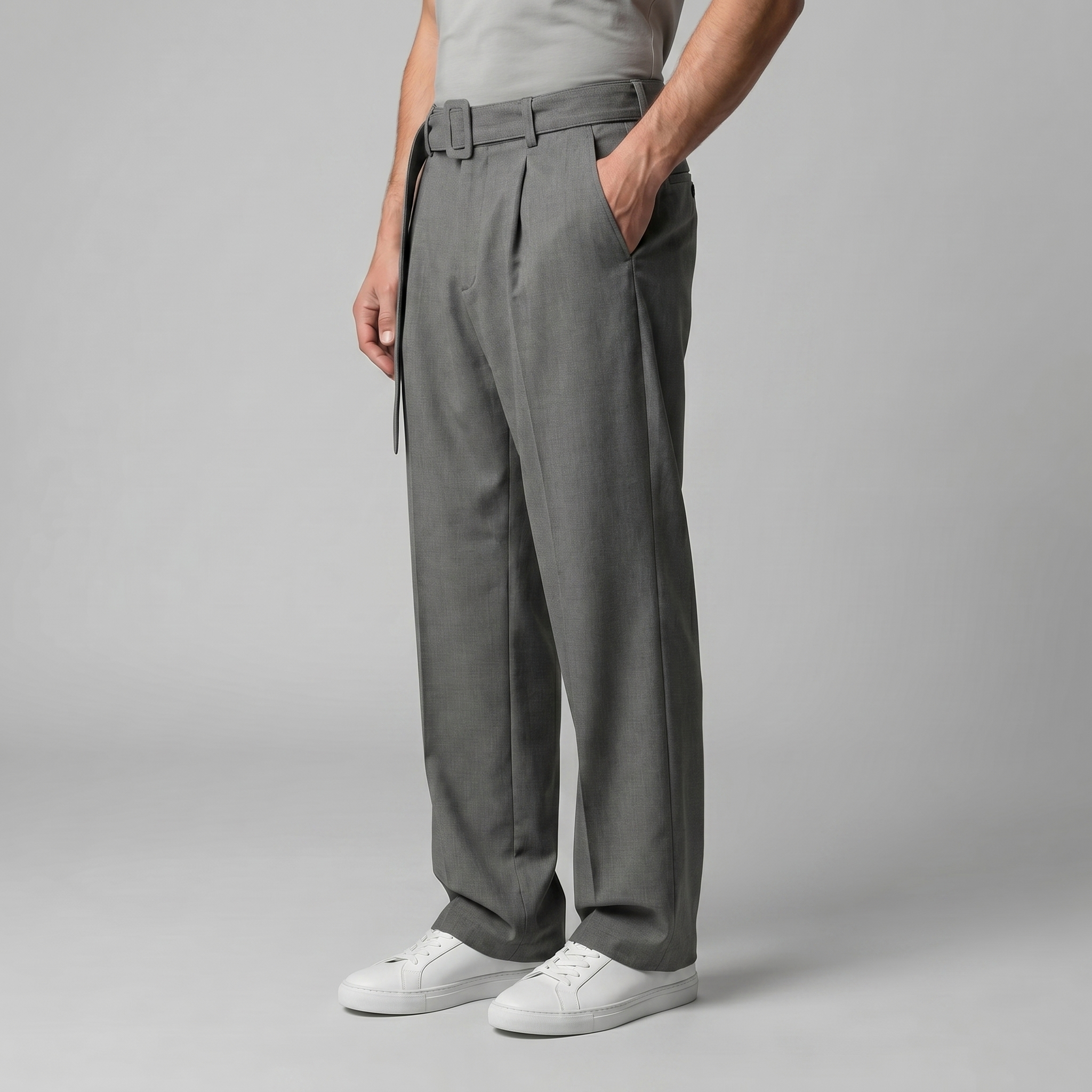 Men's Tailored Wide-Leg Trousers Belted Elastic Waist Smart Casual