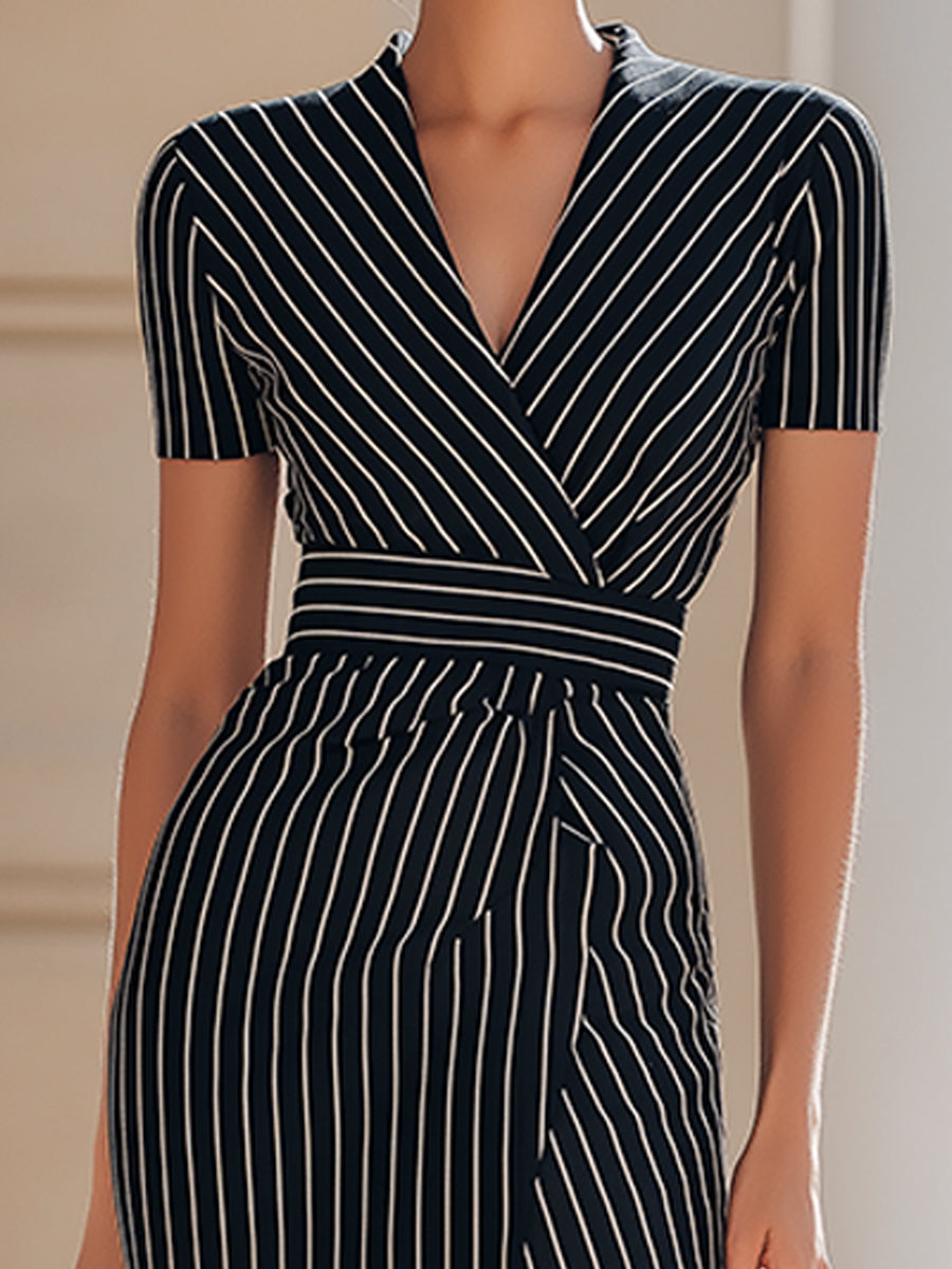 Women's Black Pinstripe Wrap Maxi Dress V-Neck Short Sleeve Tailored - 4