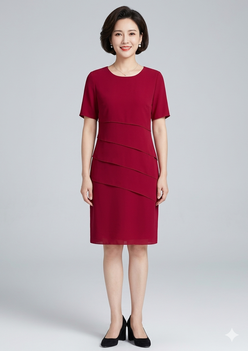 Women's Chiffon Evening Dress with Layered Short Sleeve Detail - 10