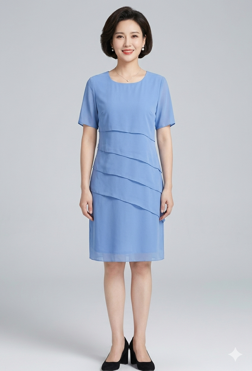 Women's Chiffon Evening Dress with Layered Short Sleeve Detail - 11