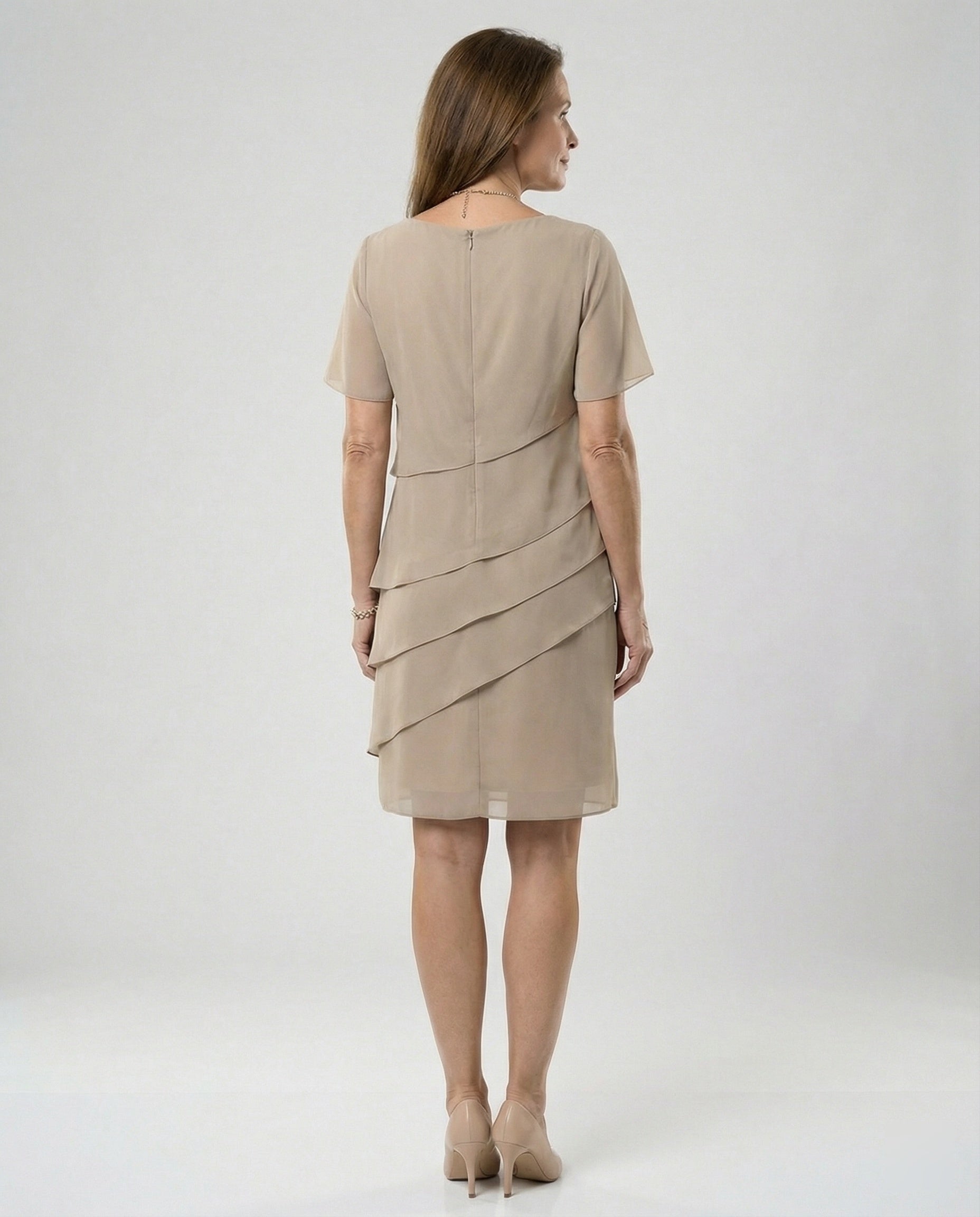 Women's Chiffon Evening Dress with Layered Short Sleeve Detail - 6