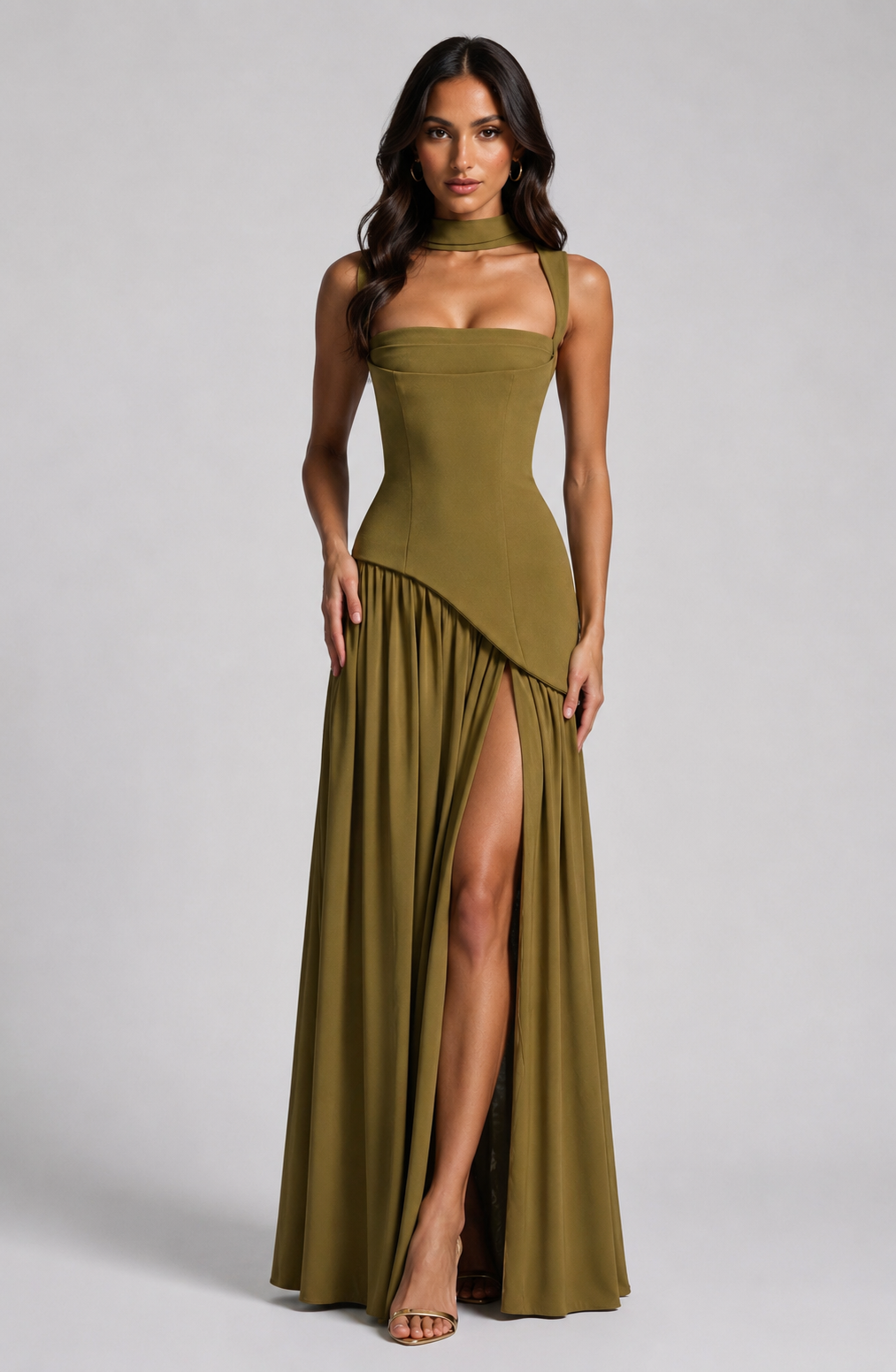 Women's Draped Satin Maxi Dress Sculpted Elegant Silhouette