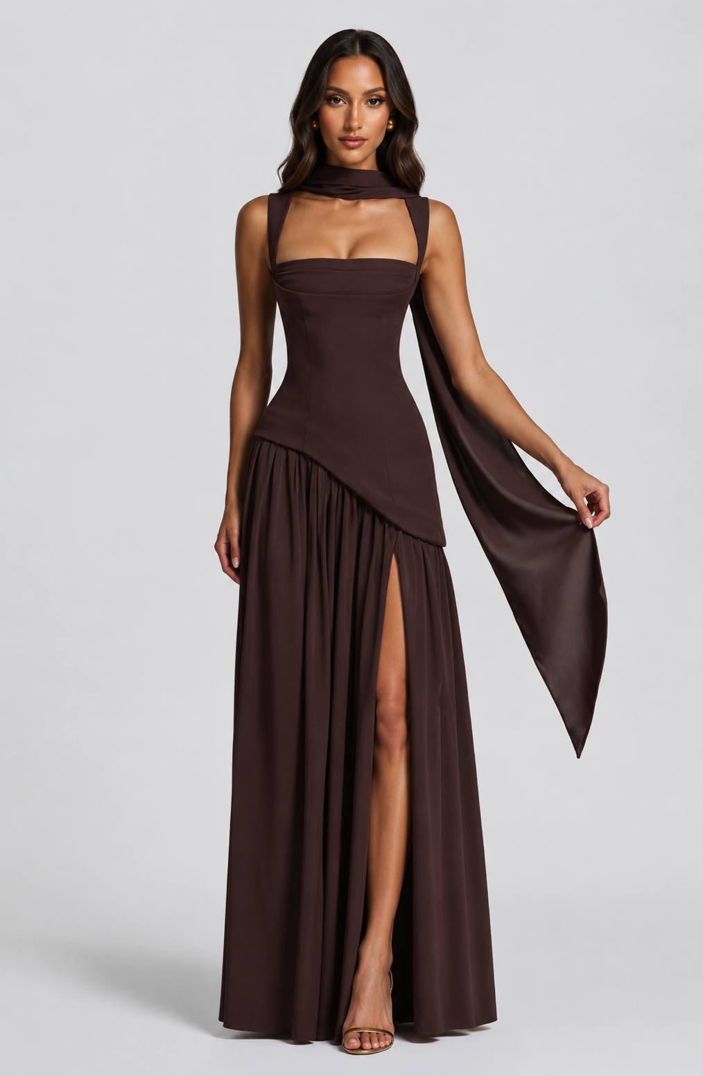 Women's Draped Satin Maxi Dress Sculpted Elegant Silhouette