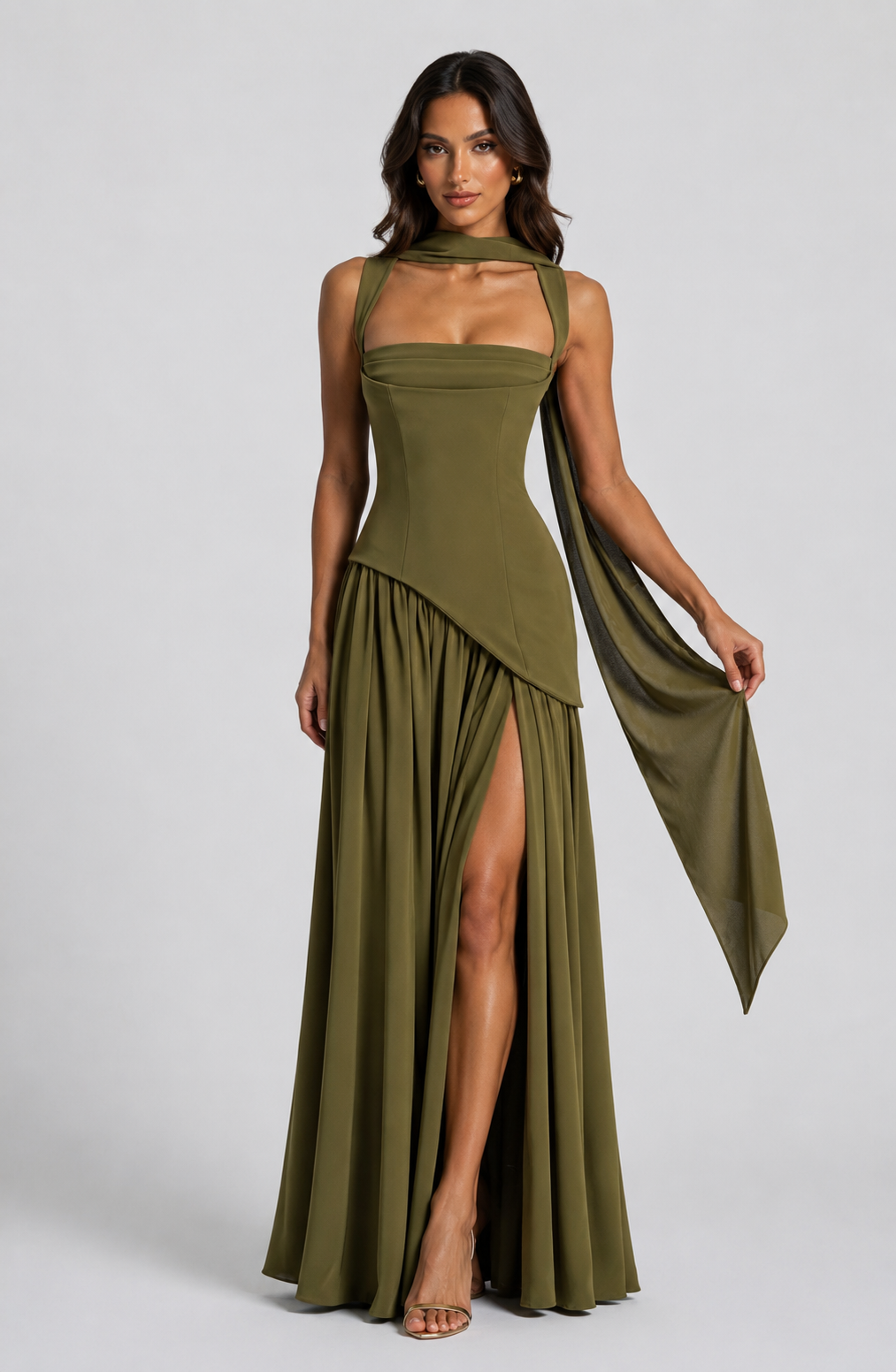Women's Draped Satin Maxi Dress Sculpted Elegant Silhouette