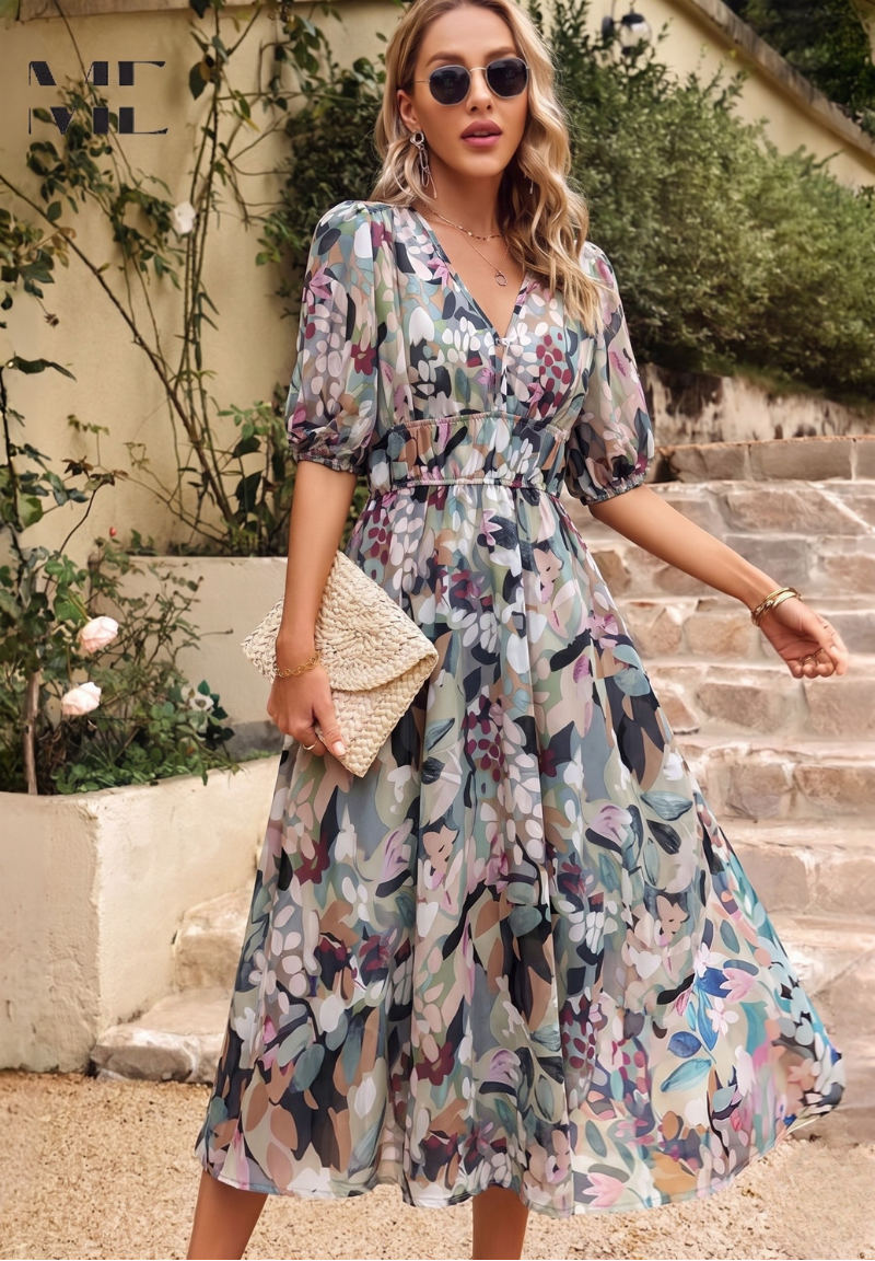 Women's Elegant Floral Midi Evening Dress with Puff Sleeves - 1