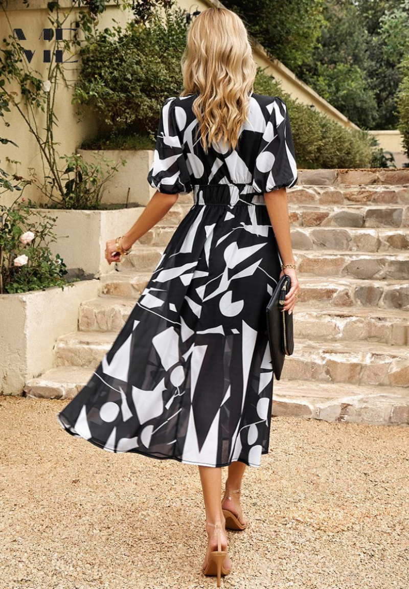 Women's Elegant Floral Midi Evening Dress with Puff Sleeves - 11