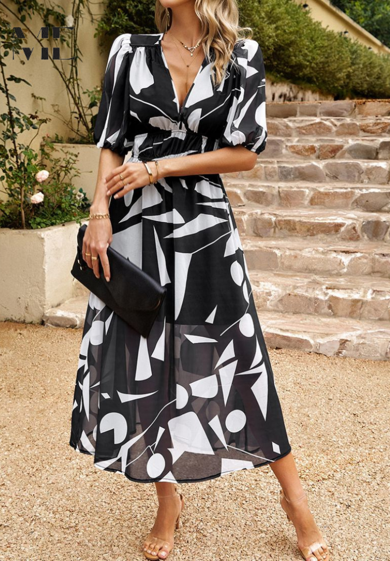 Women's Elegant Floral Midi Evening Dress with Puff Sleeves - 13