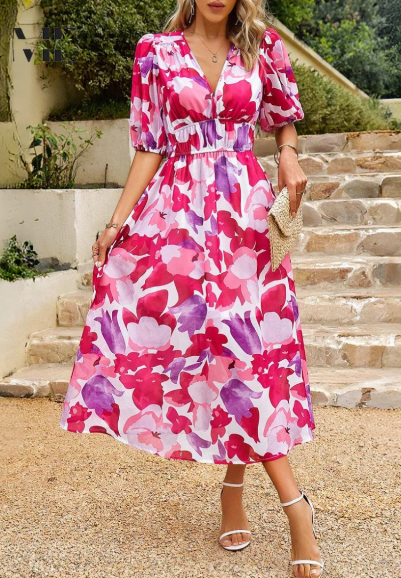 Women's Elegant Floral Midi Evening Dress with Puff Sleeves - 14
