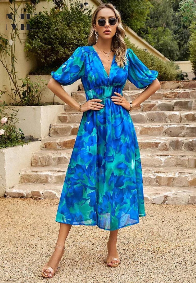 Women's Elegant Floral Midi Evening Dress with Puff Sleeves - 2