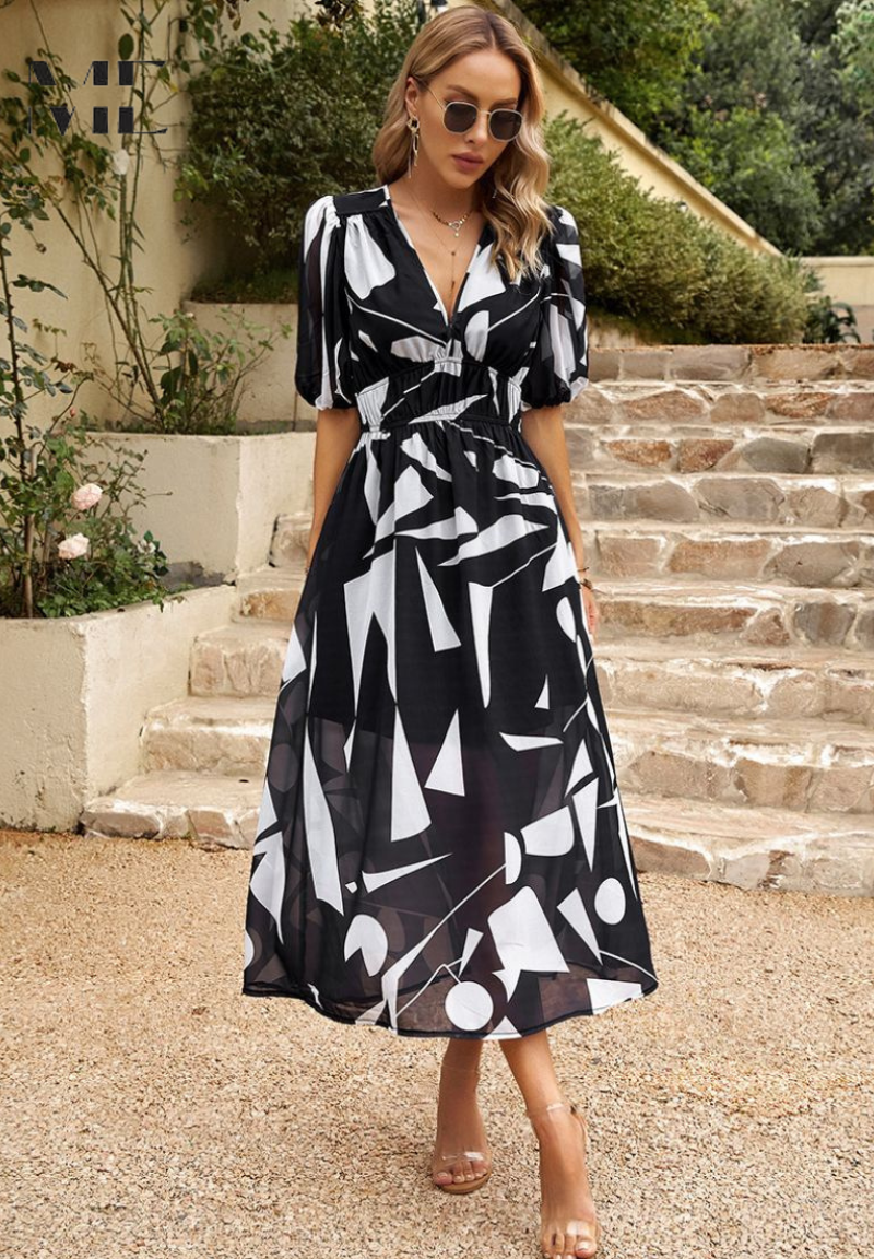 Women's Elegant Floral Midi Evening Dress with Puff Sleeves - 3